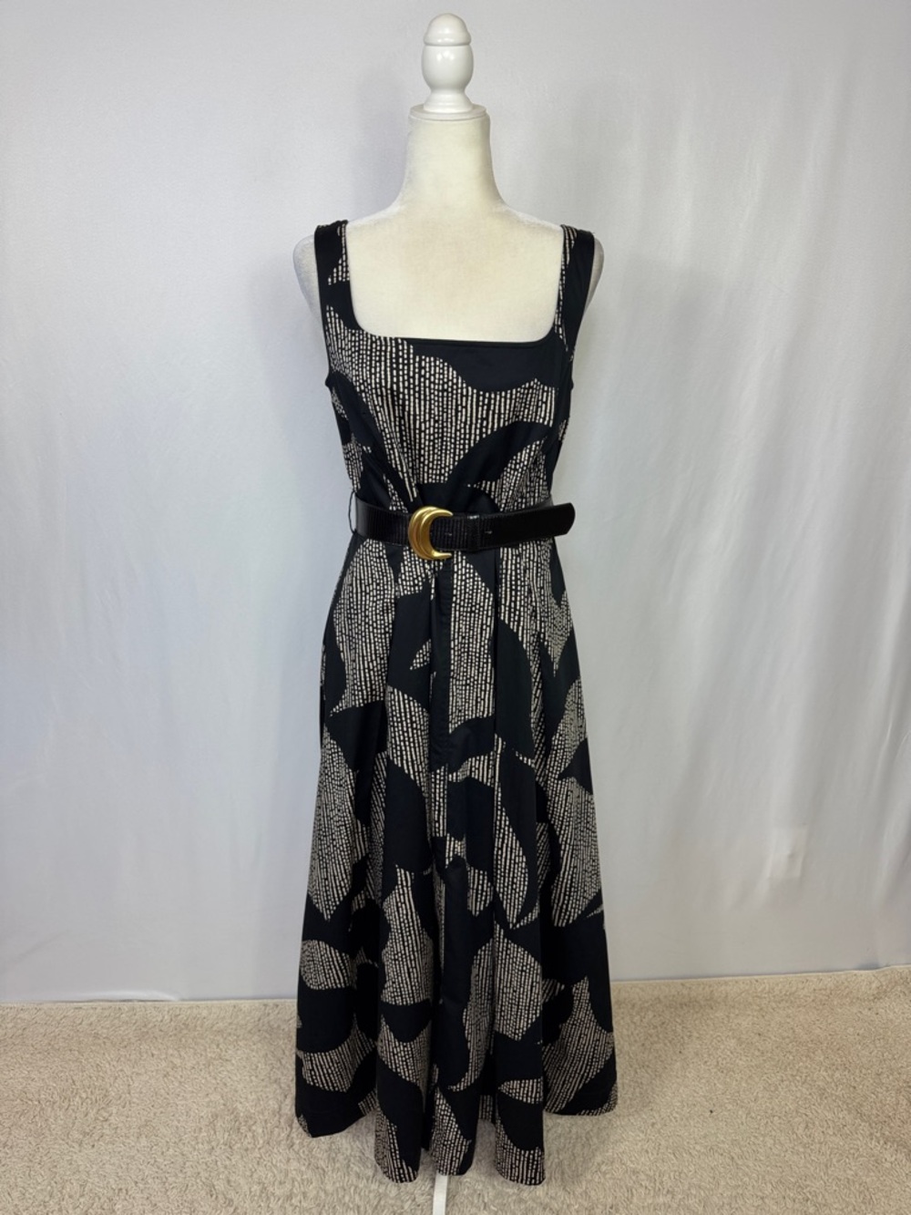 Donna Karan New York Cotton Sleeveless Belted Midi Dress Size 8 Black Tan - Picture 7 of 16